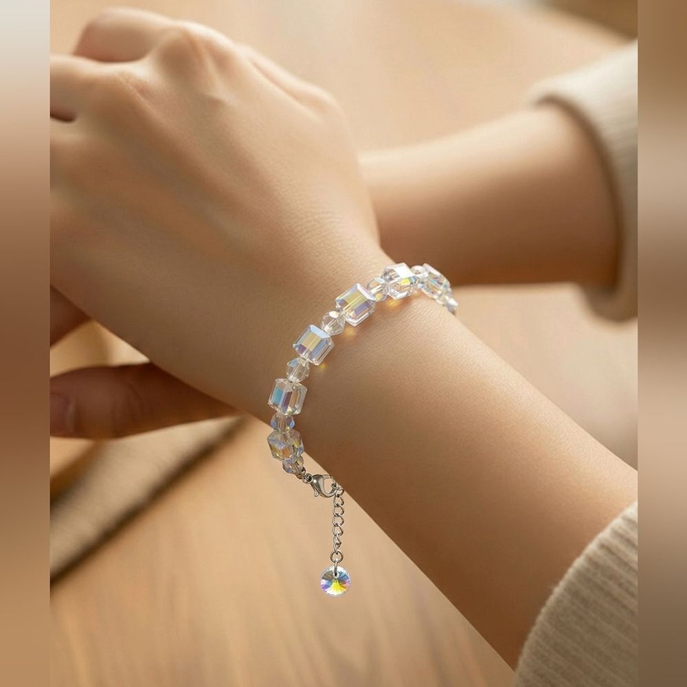 Aurora Borealis Crystal Bracelet Clear Prism Bead Adjustable AB Rainbow Sparkle